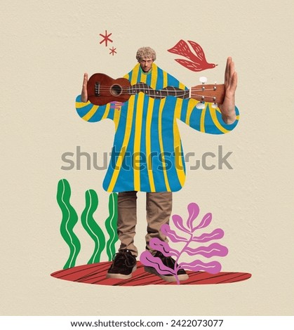 Young man, musician performing on ukulele against abstract background. Contemporary art collage. Concept of music festival, creativity, inspiration. Template for music event posters. Modern aesthetics