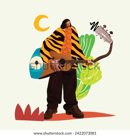 Male musician playing guitar against abstract colorful background. Contemporary art collage. Concept of music festival, creativity and inspiration. Template for music events posters. Modern aesthetics