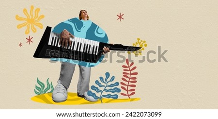 Young talented guy playing piano against abstract background. Contemporary art collage. Concept of music festival, creativity and inspiration. Template for music events posters. Modern aesthetics