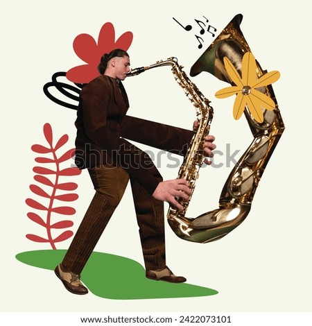 Talented artistic man playing giant saxophone over abstract floral background. Contemporary art. Concept of music festival, creativity, inspiration. Template for music events posters. Modern aesthetic