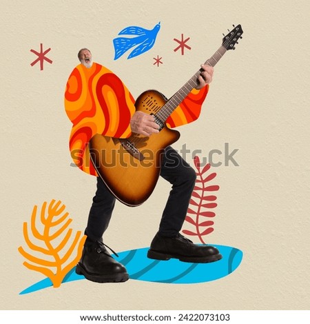Senior man playing guitar and singing over abstract background. Contemporary art collage. Concept of music festival, creativity and inspiration. Template for music events posters. Modern aesthetics