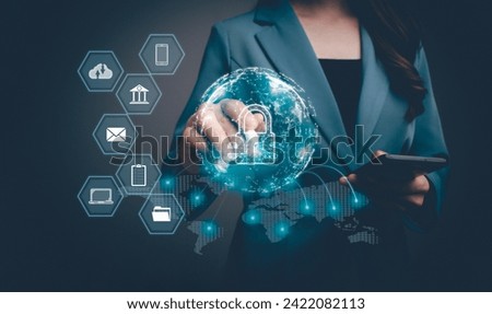 Cybersecurity to protect data, information security, encryption, lock icon and internet network security technology concept. Woman protecting personal data on smartphone virtual screen interfaces. 