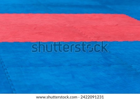 Part of the tatami, blue and red flooring of the gym, background image on the theme of martial arts. Royalty-Free Stock Photo #2422091231