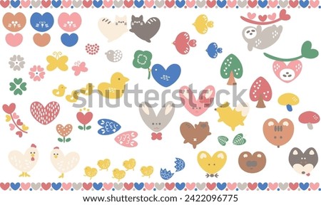 Scandinavian-style illustration set of animals and plants with a heart motif (color)