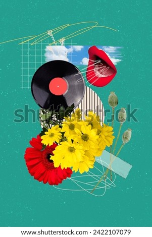 Composite collage art image old style vinyl record which makes absurd red lips human mouth singing isolated on green color background