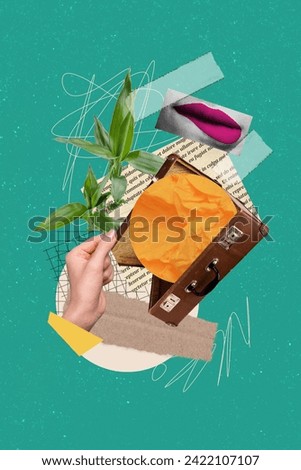 Abstract template graphics collage image of arm packing retro suitcase isolated colorful background