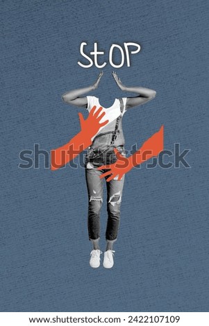 Creative trend collage of stop violence hands touch body without permission weird freak bizarre unusual fantasy billboard Royalty-Free Stock Photo #2422107109