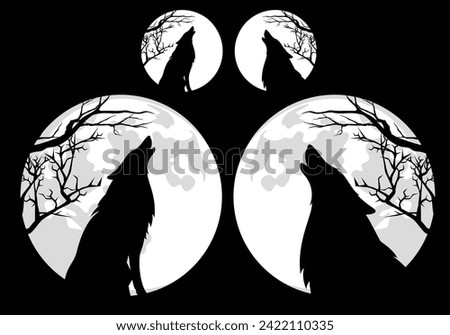 sitting howling wolf profile head and full moon white disk with tree branches vector silhouette outline against black background