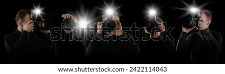 Group of photographers with cameras on black background, banner design. Paparazzi taking pictures with flashes