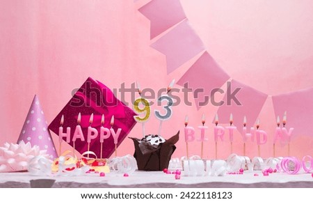 Background card date of birth for a girl  93. Anniversary. Beautiful festive background with candles. Women's congratulations card with a cake. Happy birthday in pink. copy space Royalty-Free Stock Photo #2422118123