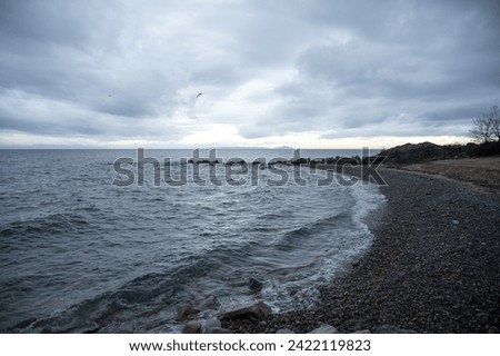 waves crashing on the shore, a stony shore, overcast weather, cloudy sky