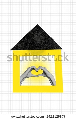 Vertical collage picture illustration minimalist design warm sign gesture hand show heart home cartoon draw empty cell paper background