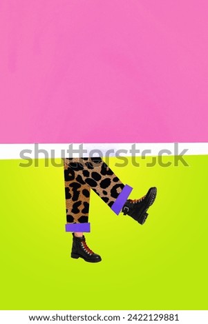 Mega sale collage artwork illustration of half body picture woman in leopard print pants dancing stylish boots over pink green background