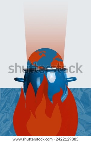 Vertical creative collage picture boiled warm hot up burn planet change climate global problems fire save protect world template