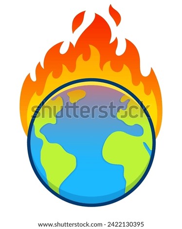 Cartoon planet Earth on fire, global warming and climate crisis drawing. Environment and ecology vector clip art illustration.