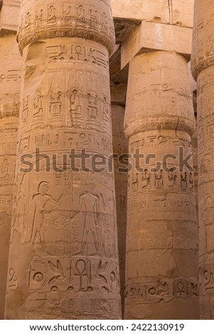 Detail of the engravings on the columns of the Hypostyle Hall inside the Karnak temple Royalty-Free Stock Photo #2422130919