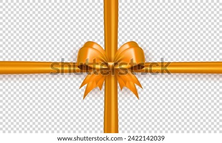 Realistic 3d golden bow with horizontal and vertical silk ribbon isolated on transparent background. Three dimensional yellow satin bow with crossed tape as gift wrapping element or present decoration