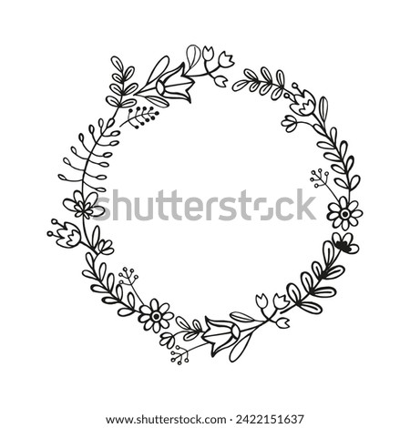 hand drawn wreath with vector plants, brunch of flowers, sketch of leaves, flowers, buds, herbs, grass, inked silhouette of leaves, monochrome illustration isolated on white background