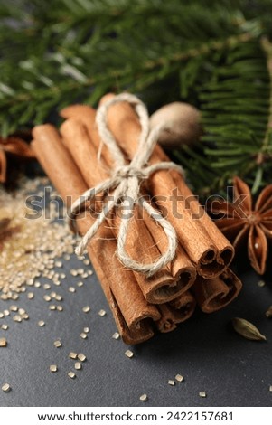 Cinnamon sticks and other spices on gray table, closeup