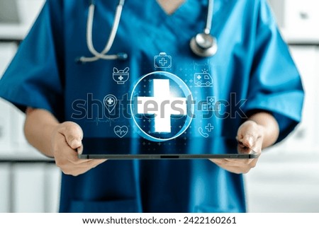 Medicine doctor hold digital tablet medical records electronically with medical icons interface virtual screen, Digital healthcare and network connection, medical technology and futuristic concept.