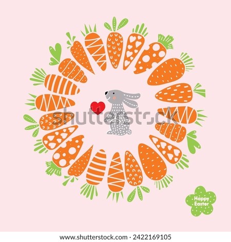  Easter wreath of carrots and a cute bunny. Cute greeting card. Cartoon illustration.