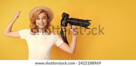 Woman isolated face portrait, banner with mock up copy space. glad woman in straw hat photographing. girl hold photo camera.