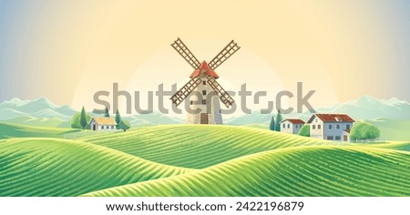 Rural summer landscape with of a village and with a windmill standing on a hill, in the dawn of sun. Vector illustration. Royalty-Free Stock Photo #2422196879