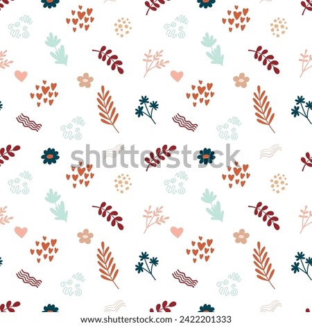Cute bohemian baby seamless pattern with twigs, leaves, herbs, plants in boho style in warm pastel colors. Vector set of illustrations for the children's room, postcards, baby parties