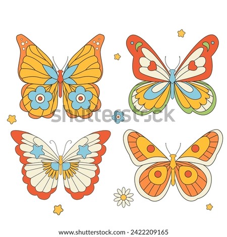 Beautiful groovy butterfly vector hand drawn illustrations set. Stock pop clip art in Hippie 60s 70s style. Peace. Pacific.