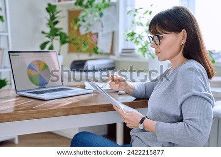 Business woman working with computer, economic growth graphs on laptop screen