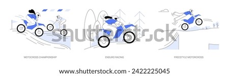 Motocross professional sport abstract concept vector illustration set. Motocross championship, dirt biking, enduro racing in the forest, freestyle motorsport, extreme hobby abstract metaphor. Royalty-Free Stock Photo #2422225045