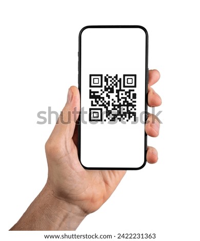 QR code on mobile phone app. QRcode scanner, reader app in hand isolated on white background