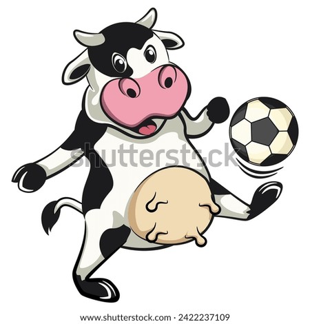 vector isolated clip art illustration of cute cow mascot mascot playing football or soccer, work of handmade