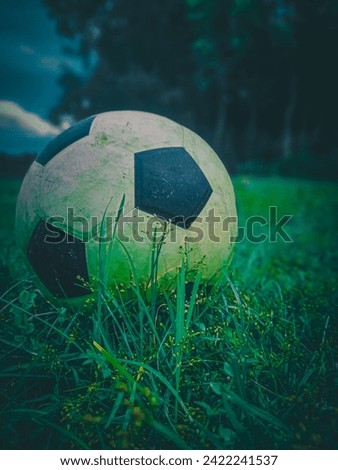 Picture of a football lying on a green field.