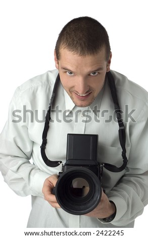 professional photographer with medium format camera on white