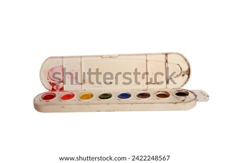 Water Colors. Paint. Watercolor paints and paintbrushes for painting. Isolated on white. used watercolor paints. Colorful Palettes. gouache palette. Colorful Water Colors for painting and art. 