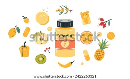 A jar of vitamin C in tablets, capsules or gummy bears and foods enriched with ascorbic acid. Fruits, berries and vegetables. Immune support set. Isolated vector illustration, hand drawn, flat