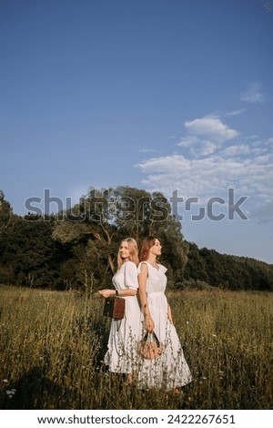 They are wearing dresses and there are trees and clouds in the sky. It represents a summery, outdoor scene with nature and young women enjoying the environment.