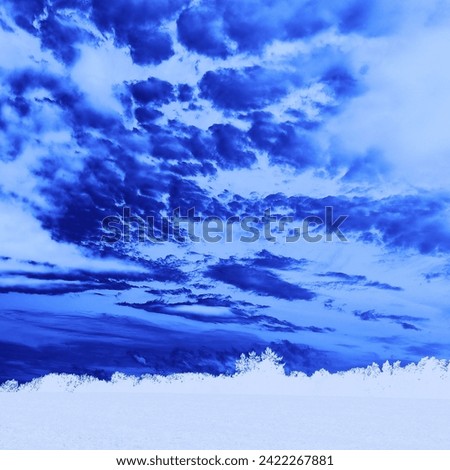 Dramatic sky with clouds and field with trees, beautiful blue landscape, magical atmosphere, cold weather, natural background for text, invert photo