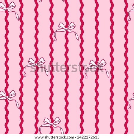 Seamless ric rac pattern with ribbon, bow in cartoon style. Cute trendy design. Vector funky illustration. Ballet-core, coquette-core background.