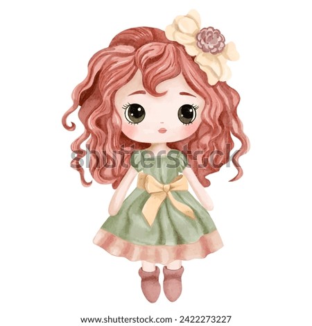 Watercolor doll illustration. Watercolor toys. Cute hand drawn doll 