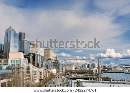 Seattle skyline with Waterfront neighborhood in foreground.