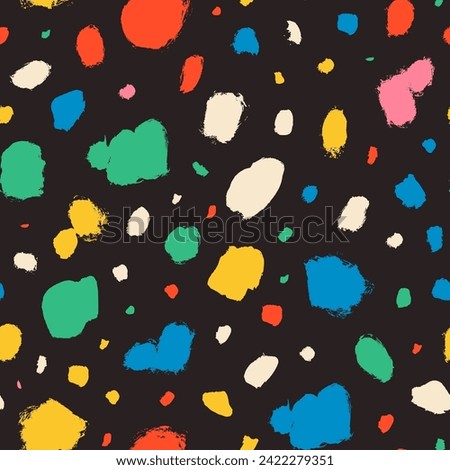 Dalmatian animal fur seamless pattern in bright colors. Hand drawn grunge blots and spots. Various brush strokes. Stained background. Random hand drawn spots. Abstract blobs texture. Ink splatter. Royalty-Free Stock Photo #2422279351