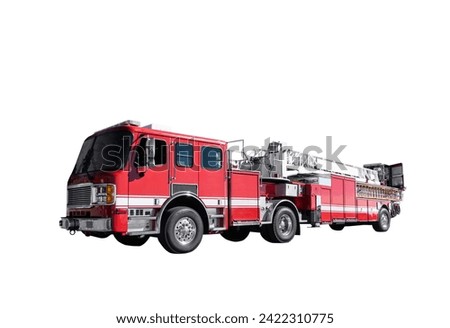 Long red fire truck with ladders and lift.  Isolated with cut out background. Royalty-Free Stock Photo #2422310775