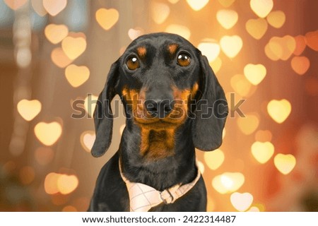Portrait of naive dachshund dog in tie against background of hearts of flickering lights, romantic atmosphere Love at first sight, embarrassed pet looks devotedly with loving gaze, date Valentine Day Royalty-Free Stock Photo #2422314487