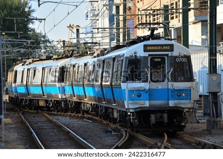A MBTA Boston T Siemens 700 series blue line train arriving at Wonderland Station Royalty-Free Stock Photo #2422316477