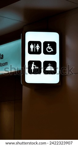 Display signs without text, showing the location of toilets, toilets for the disabled, baby care, and Muslim places of worship.