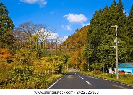The road through Mt. kurikoma area geopark, Iwate prefecture, Tohoku, Japan. Royalty-Free Stock Photo #2422325183