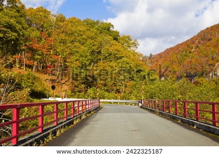 The road through Mt. kurikoma area geopark, Iwate prefecture, Tohoku, Japan. Royalty-Free Stock Photo #2422325187