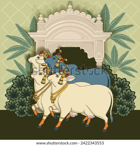 Indian traditional Rajasthani painting group of happy cows and bull in front of arch Royalty-Free Stock Photo #2422343553